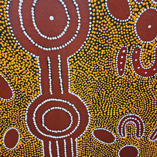 Dreamtime - Dot Painting fitted with Black Shadow Frame Size 100x100cm