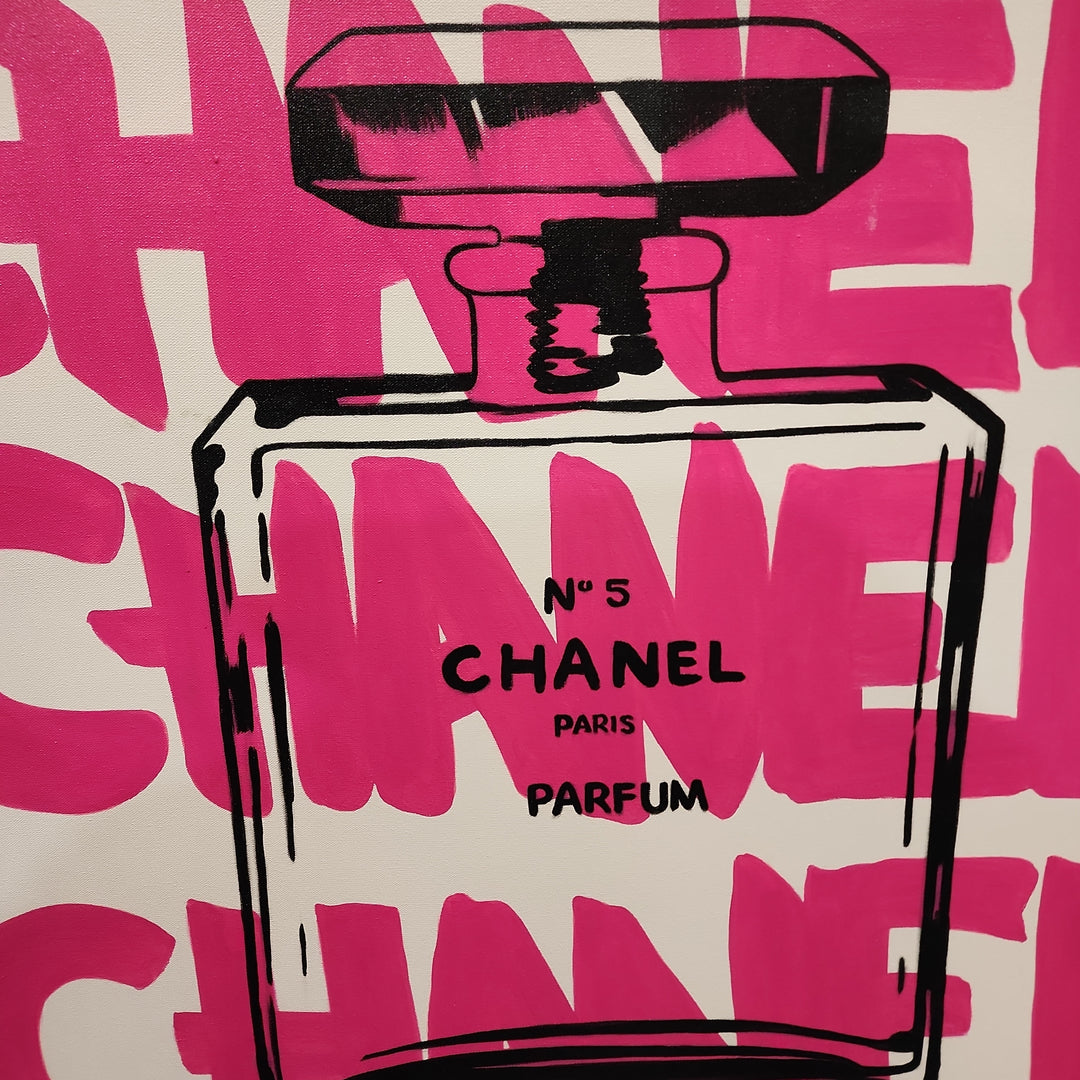 Chanel - Modern Pop Art Featuring the Iconic Chanel Logo and Bottle, Size 100x100cm and finished with a Black Shadow Frame