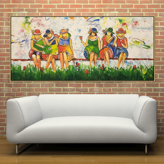 Outdoor Fun - Highly Textural, Stylized Depiction of Ladies sitting on a Bench, Size 80x170cm