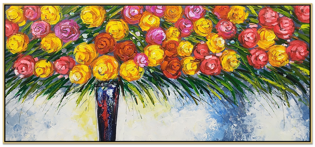 Bouquet - Stunning, Brightly Coloured Palette Knife Painting Depicting Many Flowers in a Vase