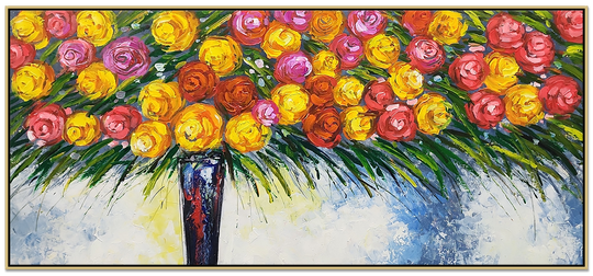 Bouquet - Stunning, Brightly Coloured Palette Knife Painting Depicting Many Flowers in a Vase