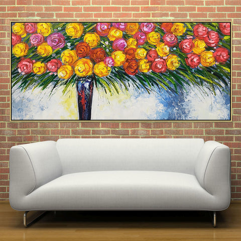 Bouquet - Stunning, Brightly Coloured Palette Knife Painting Depicting Many Flowers in a Vase