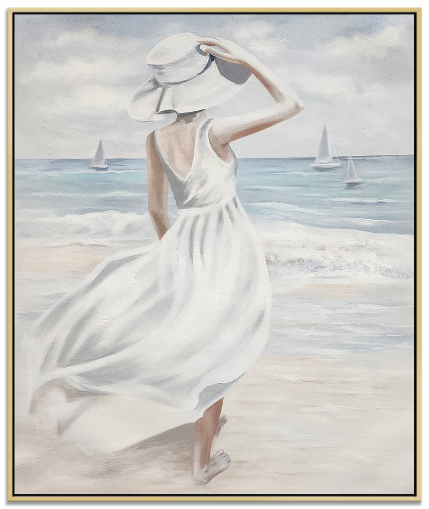 The Woman in White - Beautiful, softly toned, Coastal Themed Hand Painted Oil Painting
