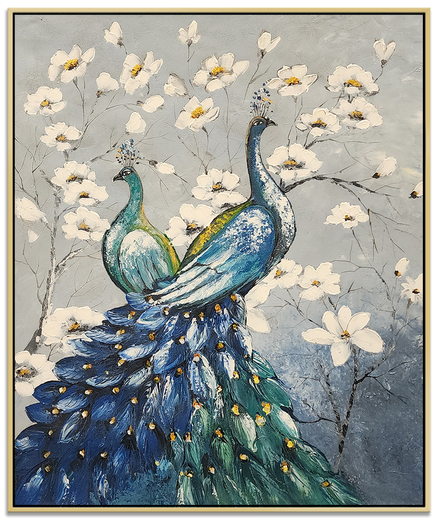 A Flowery Display - Stunning Oil Painting Featuring Peacocks, Size 100x120cm