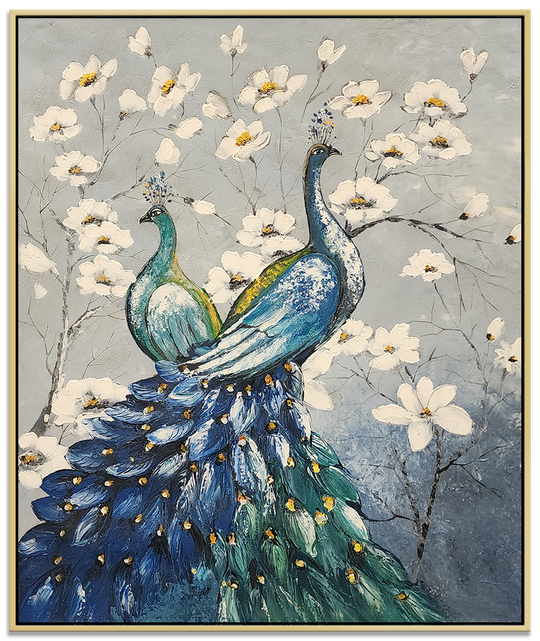 A Flowery Display - Stunning Oil Painting Featuring Peacocks, Size 100x120cm