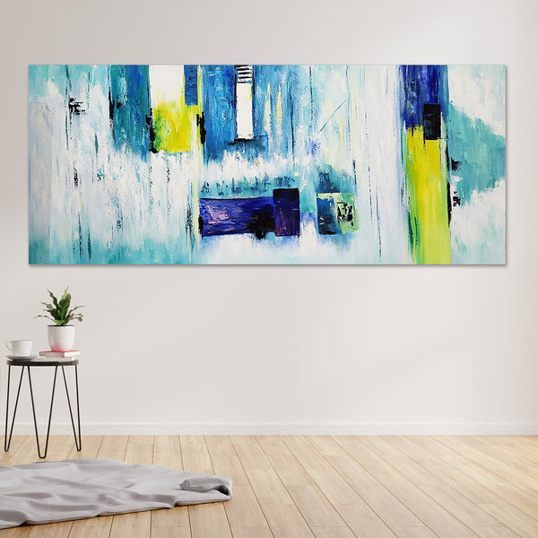 Teal Trance - Blue And Yellow Modern Abstract Large Scale Art 100x240cm