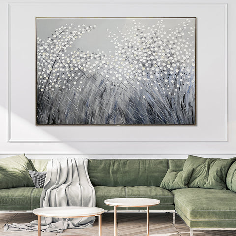 Field of Bliss - Beautiful Champagne Silver Framed Floral Painting 100x150cm