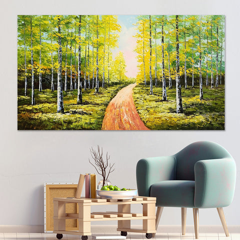 One Green Trail - Mesmerizing, stylized Forest Pathway Oil Painting 100x180cm