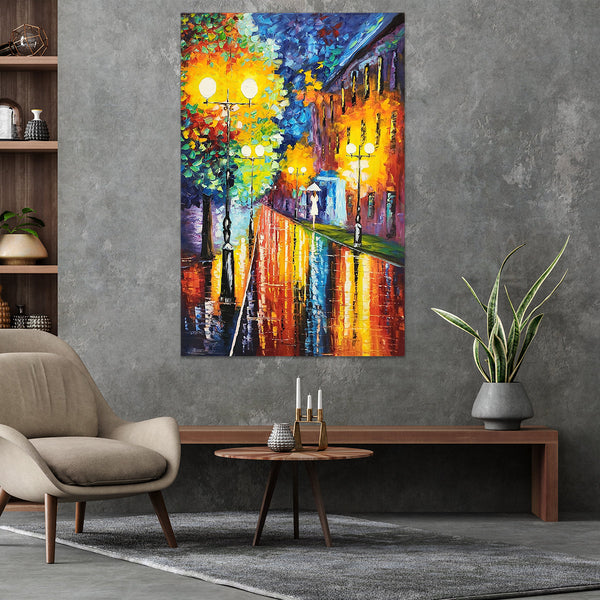 Alight By Street Lights - Thickly textured Palette Knife Oil Painting 100x150cm