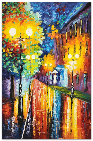 Alight By Street Lights - Thickly textured Palette Knife Oil Painting 100x150cm