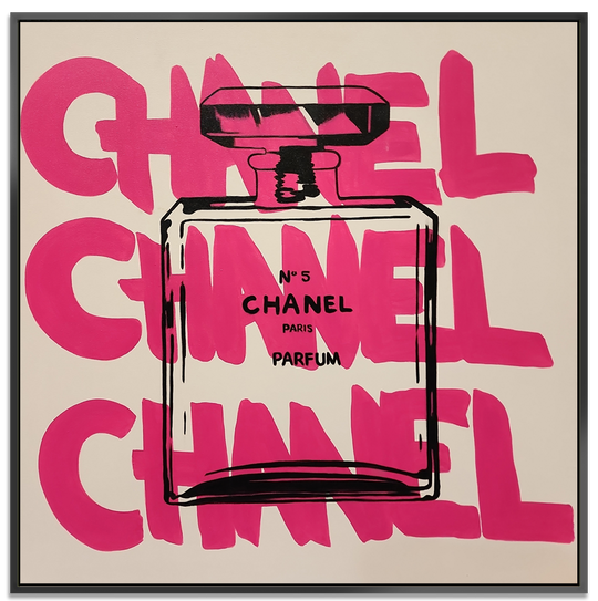 Chanel - Modern Pop Art Featuring the Iconic Chanel Logo and Bottle, Size 100x100cm and finished with a Black Shadow Frame