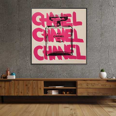 Chanel - Modern Pop Art Featuring the Iconic Chanel Logo and Bottle, Size 100x100cm and finished with a Black Shadow Frame