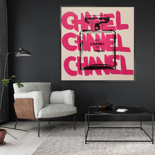 Chanel - Modern Pop Art Featuring the Iconic Chanel Logo and Bottle, Size 100x100cm and finished with a Black Shadow Frame