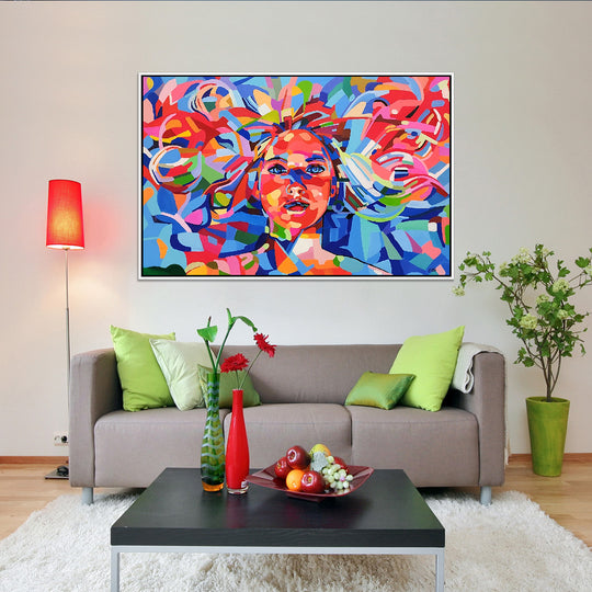 Bewildered Beauty - Colourful Modern Abstract Pop Art Featuring a beautiful Young Woman, Size 90x140cm