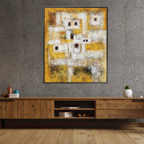 Field under Faces - Heavily Textural Modern Abstract Art Size 100x120cm, fitted with an Oak Coloured Frame