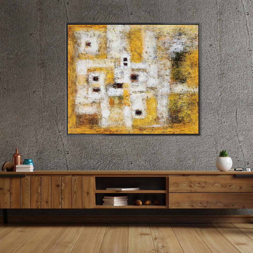 Field under Faces - Heavily Textural Modern Abstract Art Size 100x120cm, fitted with an Oak Coloured Frame