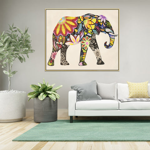 An Ornamental Elephant - Stylized Colourful Elephant Shadow Framed Oil Painting 80x100cm