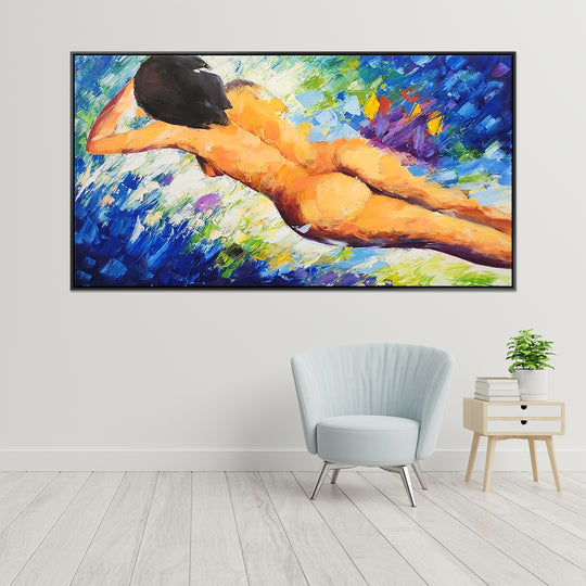 Lying Nude - Stunning, Stylized Depiction of a Young Lying Nude Woman, finished with a Black Shadow Frame, Size 80x150cm
