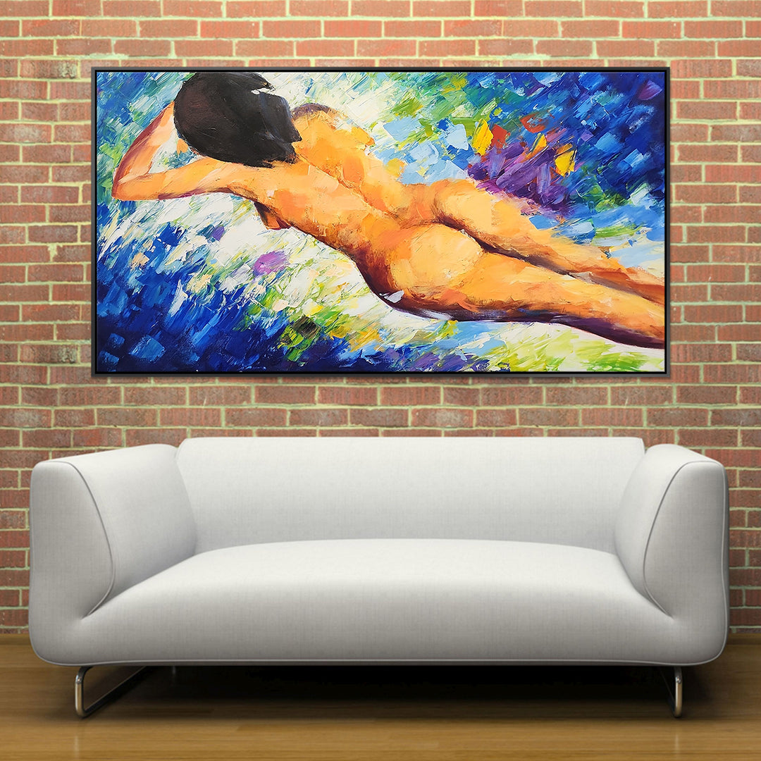 Lying Nude - Stunning, Stylized Depiction of a Young Lying Nude Woman, finished with a Black Shadow Frame, Size 80x150cm