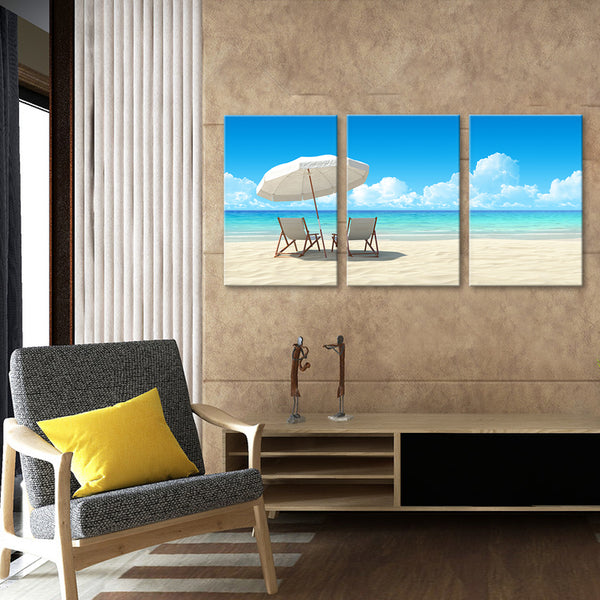 Seaside Landscape Print Paintings On Canvas Big Umbrella on the Beach Blue Sky Painting Canvas Art for Wall Decor